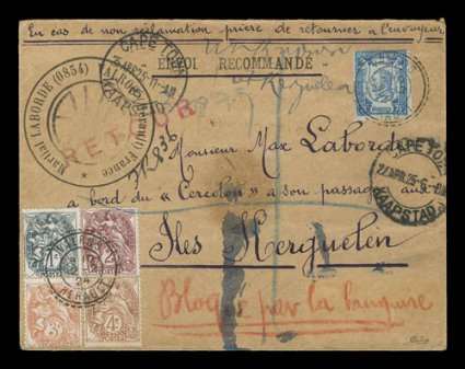 Inbound early cover to Kerguelen Islands, a spectacular registered 1924-25 cover bearing a plethora of stamps, postmarks, administrative cachets, return to sender handstamps,
among others, originating in Vairos on February 12, 1924, and franked w