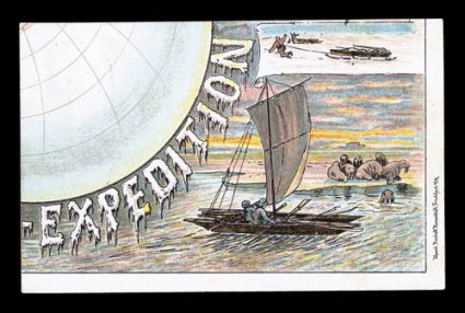 1893-98 Nansen Expedition, set of four Nansen puzzle picture post cards produced by Rosenblatt in Frankfurt for this expedition, a series of four gorgeous multicolored cards
that all fit together to form one lovely scene showing Nansens route,