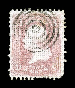 79, 3c Rose, A grill, quite well centered for this, bright fresh color, usual perf. irregularities that are found on virtually every example of this grilled stamp, couple small
thin spots, very fine appearance 1988 PF certificate.