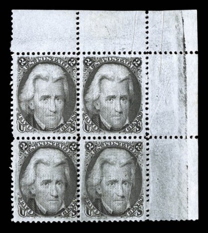 87, 2c Black, E grill, top right corner margin block of four, right stamps are exceedingly well centered and margined, strong color and impression, o.g., lightly hinged, right
stamps affected by pre-printing folds, fine-very fine a rather han