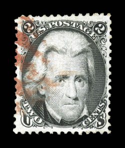87, 2c Black, E grill, pretty used single, well centered within unusually large margins, strong color and impression, beautifully cancelled by a bright orange red grid,
extremely fine.