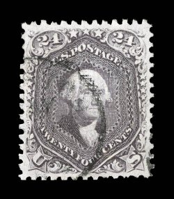 99, 24c Gray lilac, F grill, outstanding centering within large margins which are most atypical of this notoriously difficult stamp, sumptuously rich color and a well incised
impression on fresh white paper, uncommonly light cancel, extremely