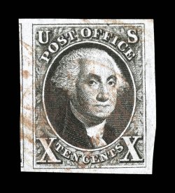 2, 10c Black, impressive used single, with large to huge margins all around including part of the adjoining stamp at left, strong color and a wonderfully detailed impression,
light red grid cancel, extremely fine 1990 PF certificate.