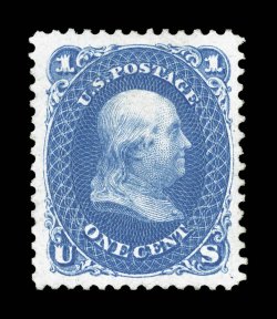 102, 1c Blue re-issue, unused, excellent centering within large margins, deep vibrant color and a sharp impression on bright white paper, extremely fine 1999 PF certificate and
a 2008 PSE certificate (XF 90 SMQ $630.00).