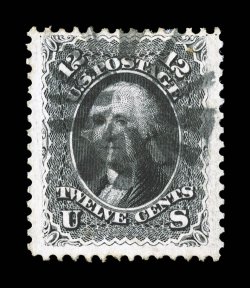 107, 12c Black re-issue, an incredibly rare used example of this re-issue, well centered within large margins although reperforated at right, strong color and impression,
lovely fancy geometric cancel, faint toned spot at top right not mentioned