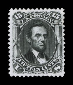 108, 15c Black re-issue, an extraordinarily fresh mint example of this re-issue rarity, with deep prooflike color and impression on crisp white paper, nicely centered within
large margins, o.g., very fine only 397 sold 2008 PSE certificate.