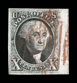 2, 10c Black, handsome right sheet-margin single, with the other three margins being large and balanced, strong color and a lovely detailed impression, red grid cancel,
extremely fine a particularly choice quality used example.