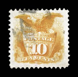 116, 10c Yellow, outstanding centering within lavishly large margins, gorgeous bright color and a vivid impression, light cancel, extremely fine a lovely stamp 2001 PF
certificate and a 2004 PSE certificate (XF 90 SMQ $395.00) ex-Elite.<