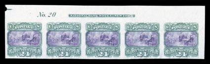 120P3, 24c 1869 Green and violet, plate proof on India, top margin imprint and plate No. 20 strip of five, dark green and bright red violet shades, very attractive, extremely
fine.