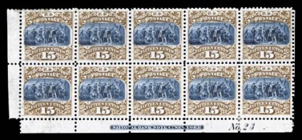 129P3, 15c Brown and blue, Ty. III, plate proof on India, bottom left corner imprint and plate No. 23 block of ten, entirely perforated and thought to be a trial perforation
proof used to test the new plate, well centered, usual minor India fl