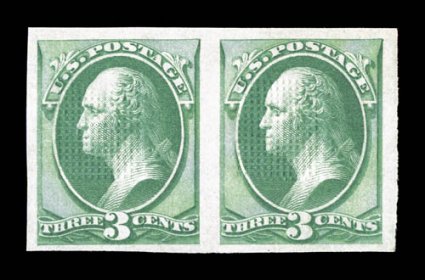 136b, 3c Green with grill, imperforate, pristine horizontal pair, large to very large margins all around, gorgeous color on immaculate paper, strong grill impressions,
unblemished o.g., never hinged, extremely fine a rare imperforate pair in an
