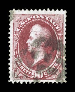 144, 90c Carmine with grill, an especially choice used example of this scarce high value, featuring excellent centering amid lavishly large margins, rich bright color and a
well defined impression, relatively light cancel, extremely fine premiu