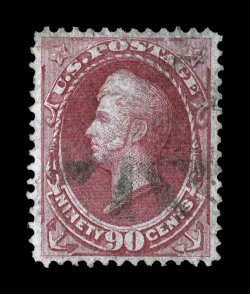 144, 90c Carmine with grill, used, uncommonly well centered, rich color, light and unobtrusive cancel, choice very fine a desirable example of this scarce grilled high value
2005 PSE certificate.