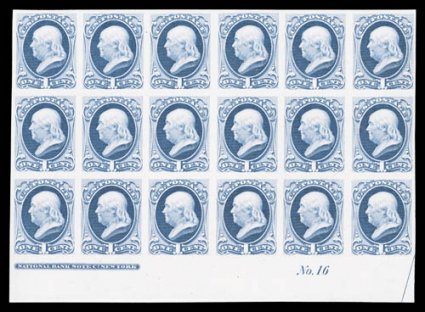 145P3, 1c Ultramarine, plate proof on India, bottom margin imprint and plate No. 16 block of eighteen (6x3) on original card backing, large margins, exceedingly fresh,
extremely fine and impressive proof plate block.