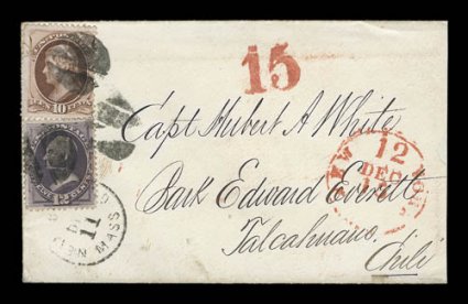 150, 151, 10c Brown and 12c Dull violet, singles of each tied to attractive and colorful cover to Talcahuano, Chile by cut cork cancels and matching New Bedford, Mass. Dec 11
c.d.s., bold red New York transit c.d.s. and 15 rate handstamp