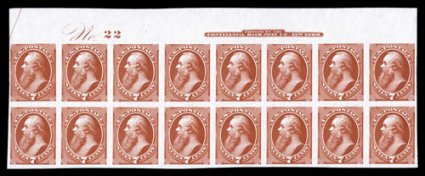 160P3, 7c Orange vermilion, plate proof on India, top margin imprint and plate No. 22 block of sixteen (8 x 2), fresh color, trivial natural paper irregularities as usual, very
fine.