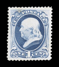 182, 1c Dark ultramarine, a striking mint single that is incredibly well centered within exceedingly large margins, lovely fresh color, o.g., lightly hinged, a superb gem for
the most fastidious collectors of United States Bank Note issues 1990