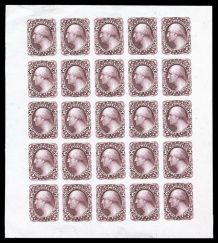 184-E5d, 3c Engraved plate of 25 on India, large margined full sheet, showing the characteristic horizontal plate crack between the two center stamps at left, minor thins and
the usual India paper irregularities, otherwise extremely fine.