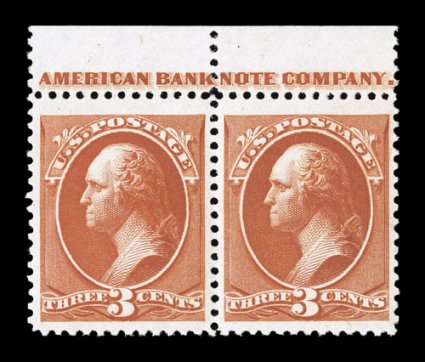 214, 3c Vermilion, a desirable top margin imprint pair, being well centered within especially tall margins, deep rich color and a detailed impression, o.g., lightly hinged,
extremely fine 2007 PF certificate.