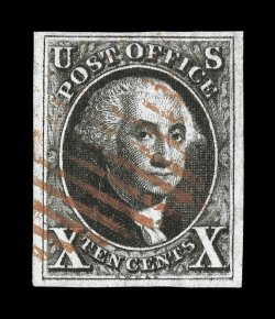 2, 10c Black, an eye-catching used single, possessing incredibly deep color and a superbly detailed impression, making this stamp almost certainly from the very first printing
in 1847, large margins all around, sharp strike of a red grid cancel,