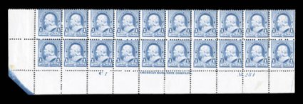 219, 1c Dull blue, full bottom margin imprint, C 1 and plate No. 284 block of twenty, strong color, o.g., a few hinge reinforcements, fine cataloged as a hinged plate block of
fourteen plus one hinged stamp that is not part of the plate blo