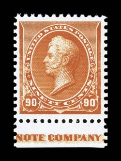 229, 90c Orange, bottom margin partial imprint single, well centered within extra-large margins, strong vibrant color, o.g., n.h., choice very fine 2004 PF certificate for a
block of four, this being the bottom right stamp, and a 2008 PSE certi