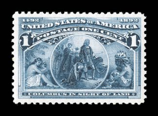 230, 1c Columbian, an outstanding mint example that is remarkably well centered within extravagantly large margins, especially deep color and a razor-sharp impression on
brilliantly white paper, immaculate o.g., n.h., an extremely fine gem 2007