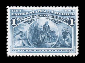 230, 1c Columbian, a most impressive mint example, being remarkably well centered within extravagantly large margins, beautiful rich color and an excellent clarity of
impression on pristine white paper, o.g., n.h., an extremely fine gem 2001 PF