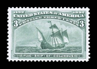 232, 3c Columbian, extraordinarily well centered within particularly large margins, deep vibrant color and a sharp impression, flawless o.g., n.h., extremely fine 1999 PF
certificate.