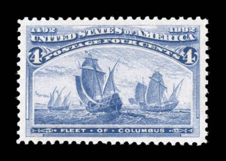 233, 4c Columbian, a remarkably choice mint example, featuring very large margins all around and being exceedingly well centered within them, rich color and a crisp impression,
o.g., n.h., extremely fine a most impressive never hinged Four Cent
