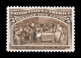 234, 5c Columbian, an impressive mint example that is exceptionally well centered within especially wide margins, rich luxuriant color and a crisp detailed impression, o.g.,
n.h., extremely fine and quite choice 2007 PSE certificate (XF 90 SMQ