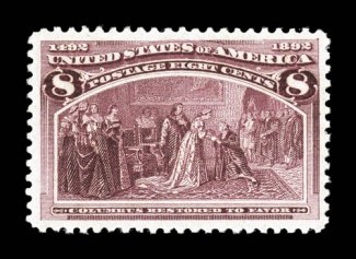 236, 8c Columbian, exceptionally well centered within especially large margins which are most uncommon on this value, beautiful rich color and a crisp detailed impression,
o.g., n.h., extremely fine gem 2003 PF certificate.