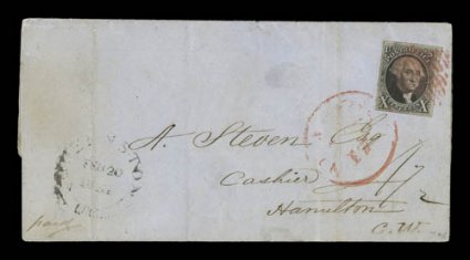 2, 10c Black, single with margins ranging from large to just cutting in, strong impression, tied by red New York c.d.s. and matching grid cancel to handsome 1851 folded
enclosure from New York to Hamilton, Canada West, the lower left portion bea
