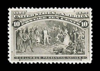 237, 10c Columbian, exceedingly well centered and margined, rich color and a clean impression, fresh o.g., n.h., extremely fine 1996 PSE certificate for a block of four, this
being the bottom right stamp.