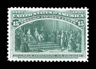 238, 15c Columbian, a brilliant post office fresh mint single in a quality that would please the most fastidious collector, with uncommonly bright color and a crisp impression
on immaculate paper, incredibly well centered within uncharacterist