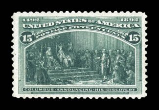 238, 15c Columbian, exceedingly well centered within lavishly large margins, deep intense color and impression, unblemished o.g., n.h., extremely fine jumbo 1991 PF
certificate.