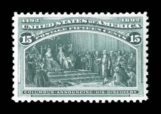 238, 15c Columbian, exceptionally well centered and margined, rich bright color on fresh paper, o.g., lightly hinged, extremely fine 1986 PF certificate.