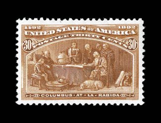 239, 30c Columbian, extravagantly large and well balanced margins all around, bright fresh color, o.g., light h.r., extremely fine jumbo.