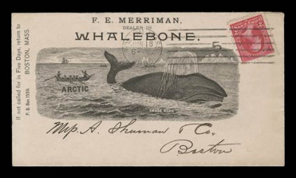 265, 2c Carmine, Ty. I, single with large margins tied to an especially choice and handsome whaling scene advertising cover by Boston, Mass.Jun 181895 machine cancel, design
covers large part of front of cover and features a large whale b
