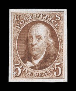 3, 5c Red brown reproduction, without gum as issued, an exceedingly choice and handsome example, possessing large to extra-large margins all around, especially rich color and a
well defined impression, extremely fine 2007 PSE certificate (XF-Su