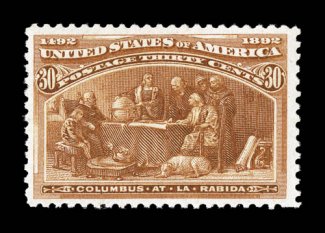 239, 30c Columbian, well centered within uncommonly large margins, strong rich color, o.g., n.h., very fine photocopy of a 1990 PF certificate for a block of four, this being
the top right stamp.