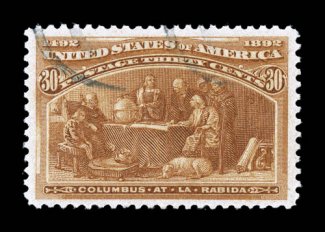 239, 30c Columbian, premium used single, very well centered within extraordinarily large margins, sumptuously rich color and a crisp impression, unusually light cancel,
extremely fine 2005 PSE certificate (XF 90 SMQ $290.00).