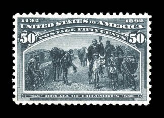 240, 50c Columbian, an exciting mint example, boasting an incredible overall mint bloom, with deep luxuriant color and a razor-sharp impression on immaculate untoned paper,
precisely centered as well, with full crisp and intact perforations al