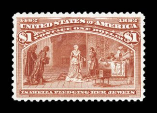 241, $1.00 Columbian, an outstanding mint single, being in an overall quality that is rarely encountered, with brilliant color and a crisp clean impression on fresh paper,
extraordinarily well centered within large margins, o.g., never hinged,