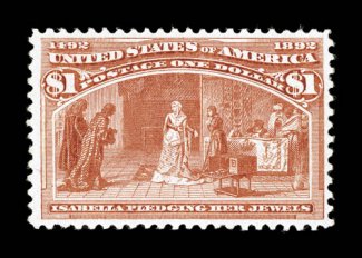 241, $1.00 Columbian, a premium mint stamp in a true post office fresh state, well centered within generous margins, gorgeous bright color on fresh white paper, pristine o.g.
which has never been hinged, choice very fine 1997 PF certifica