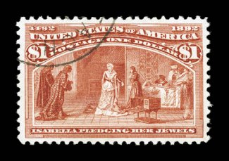 241, $1.00 Columbian, impressive used example that is especially well centered within large margins, wonderfully bright and fresh, light unobtrusive town cancel, extremely fine
a premium quality One Dollar Columbian.