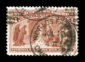 241, $1.00 Columbian, an impressive used example possessing margins of exceptional size and being marvelously well centered within them, deep luxuriant color, wonderfully
cancelled by a scarce and desirable Worlds Fair StationJul 12Chicago