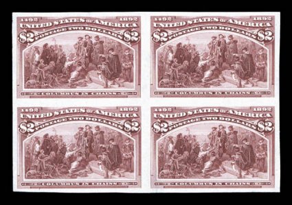 242P3, $2.00 Columbian, plate proof on India, block of four, rich color, typical natural India paper irregularities, very fine.