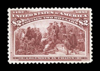 242, $2.00 Columbian, highly desirable mint single, being extraordinarily well centered within large margins, rich fresh color and a crisp impression, full clean o.g. that has
been only lightly hinged, extremely fine 1992 and 1993 PF certificat
