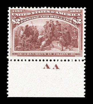 242, $2.00 Columbian, bottom sheet-margin AA single, well centered within large margins, fresh color, pristine o.g., never hinged, very fine an especially handsome never hinged
Two Dollar Columbian 1999 PF certificate.